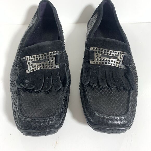 Donald J. Pliner Black Snake Textured Leather Buckle Loafers Danie Size 8 Womens - Picture 3 of 12